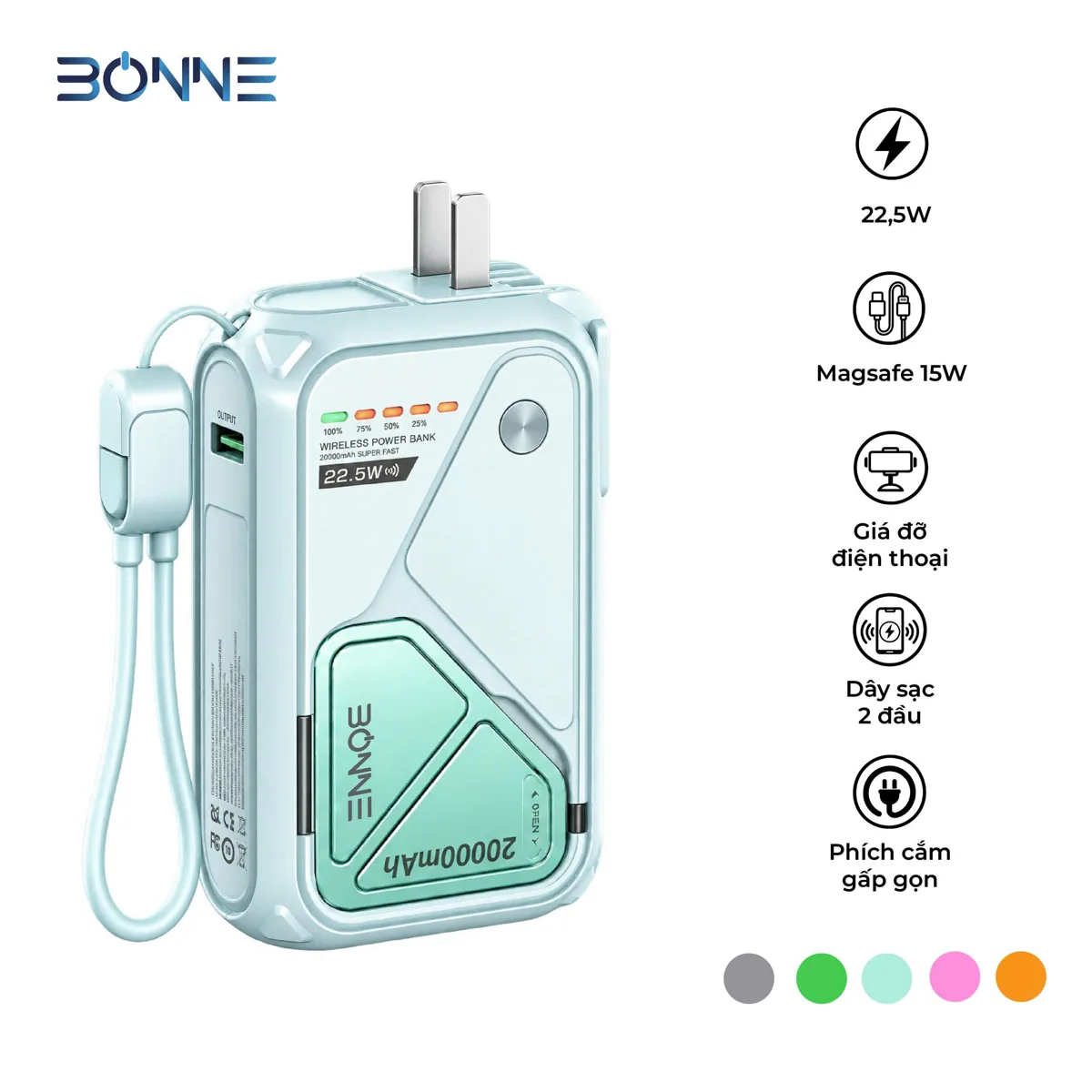 Pin sạc dự phòng BONNE BP08 20000mAh sạc không dây kiêm củ sạc