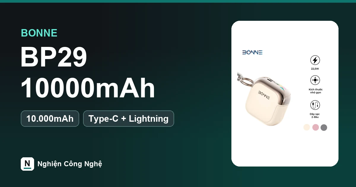 Pin sạc dự phòng BONNE BP29 10000mAh mini tích hợp dây đeo kiêm cáp Type-C và Lightning