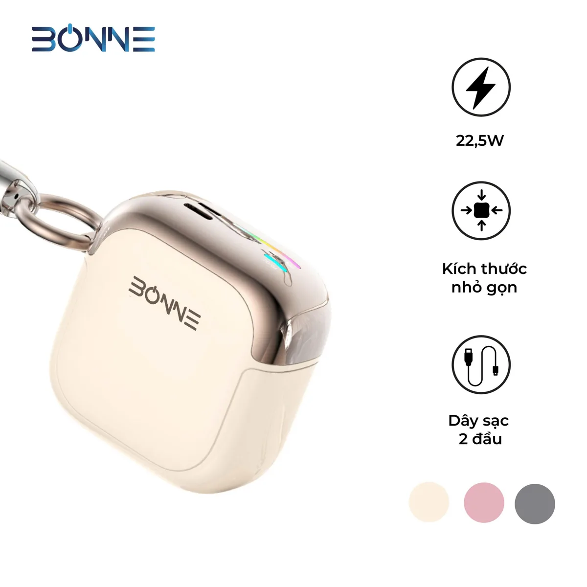 Pin sạc dự phòng BONNE BP29 20000mAh mini tích hợp dây đeo kiêm cáp Type-C và Lightning